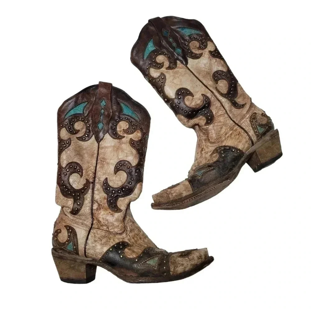 Corral Womens El Paso Cowgirl Boots Size 6.5 Brown Turquoise